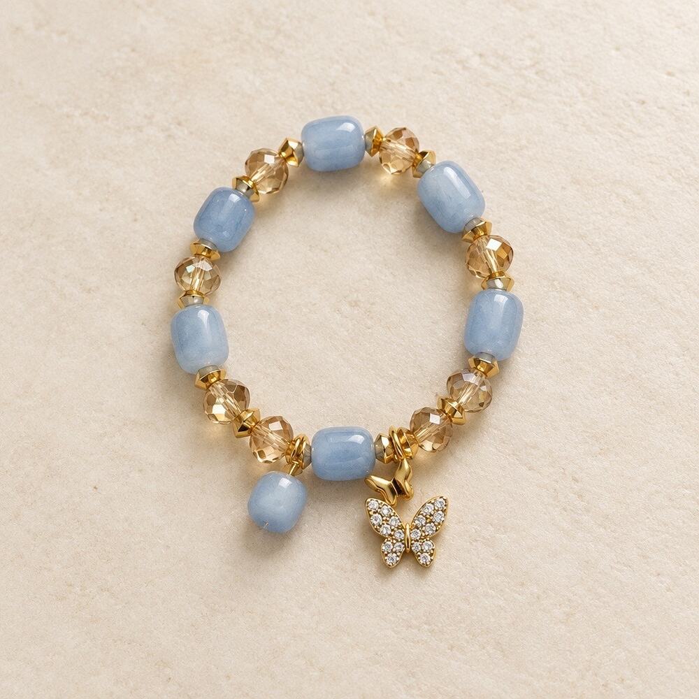 Sky Blue Jasper-Glass Barrel Bracelet with Radiant Pavé Butterfly